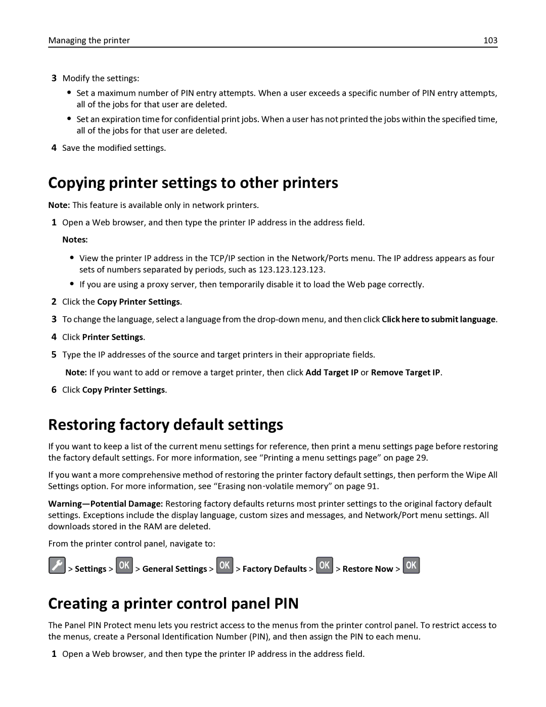 Lexmark 35S0200, 35S0150, MS410DN manual Copying printer settings to other printers, Restoring factory default settings 