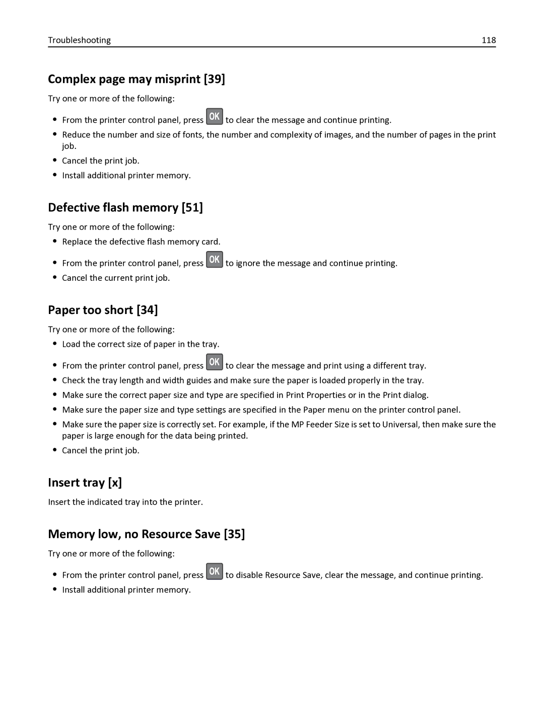 Lexmark 35S0200, 35S0150, MS410DN Complex page may misprint, Defective flash memory, Paper too short, Insert tray 