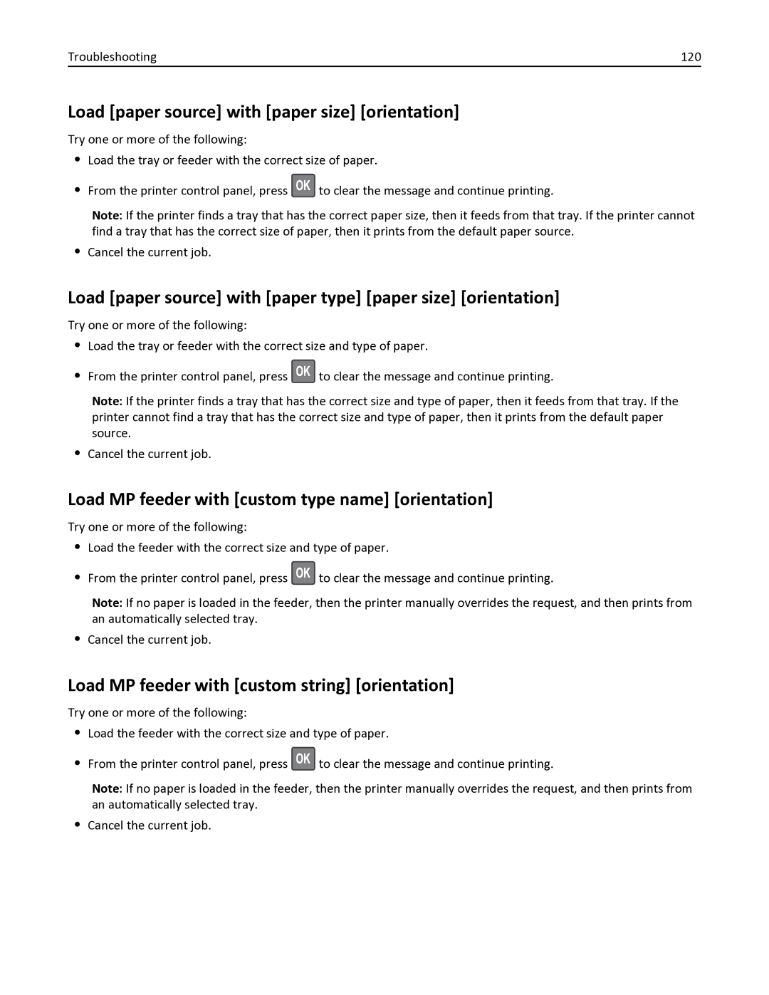 Lexmark MS410 Load paper source with paper size orientation, Load paper source with paper type paper size orientation 