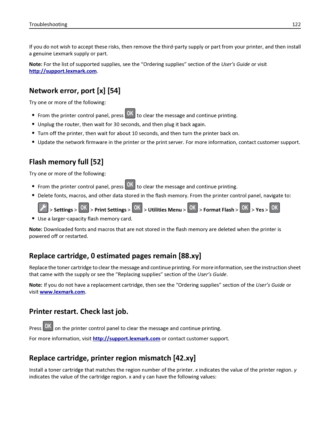 Lexmark 35S0150, MS410D Network error, port x, Flash memory full, Replace cartridge, 0 estimated pages remain 88.xy 