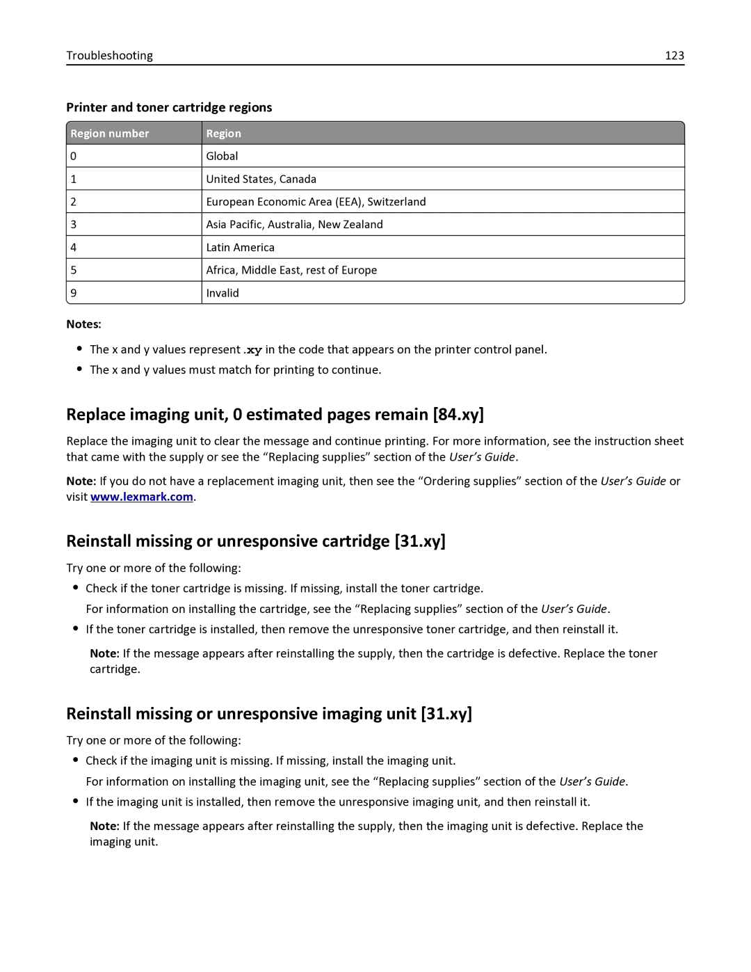 Lexmark 35S0200 Replace imaging unit, 0 estimated pages remain 84.xy, Reinstall missing or unresponsive cartridge 31.xy 