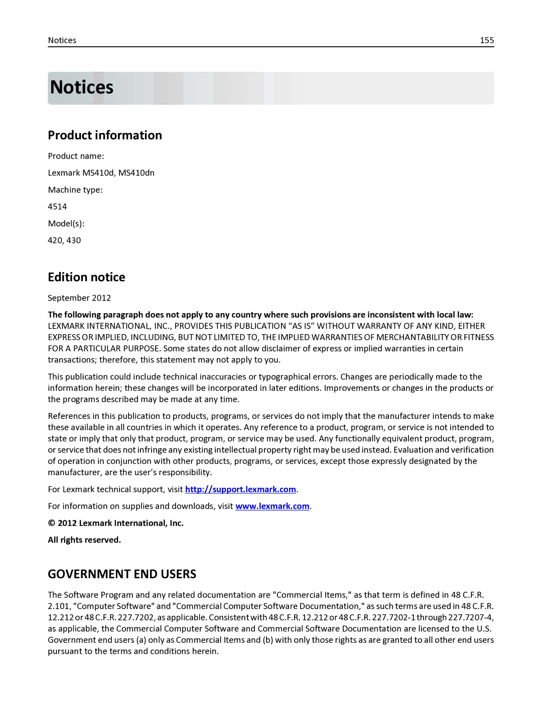 Lexmark 35S0150, 35S0200, MS410DN manual Product information, Edition notice 