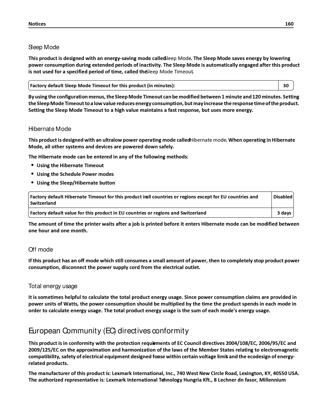 Lexmark MS410 manual European Community EC directives conformity, Sleep Mode, Hibernate Mode, Off mode, Total energy usage 