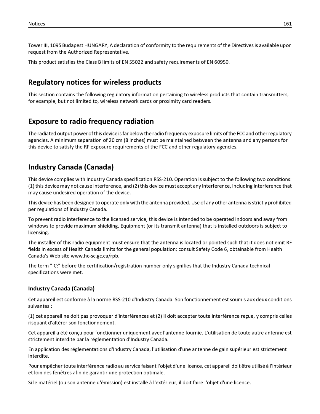 Lexmark MS410D Regulatory notices for wireless products, Exposure to radio frequency radiation, Industry Canada Canada 