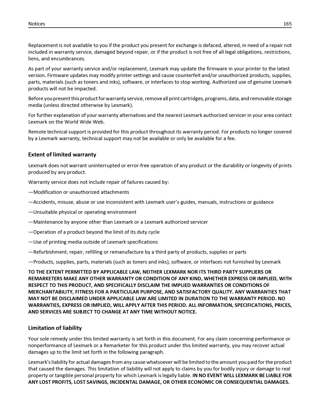 Lexmark 35S0150, 35S0200, MS410DN manual Extent of limited warranty, Limitation of liability 