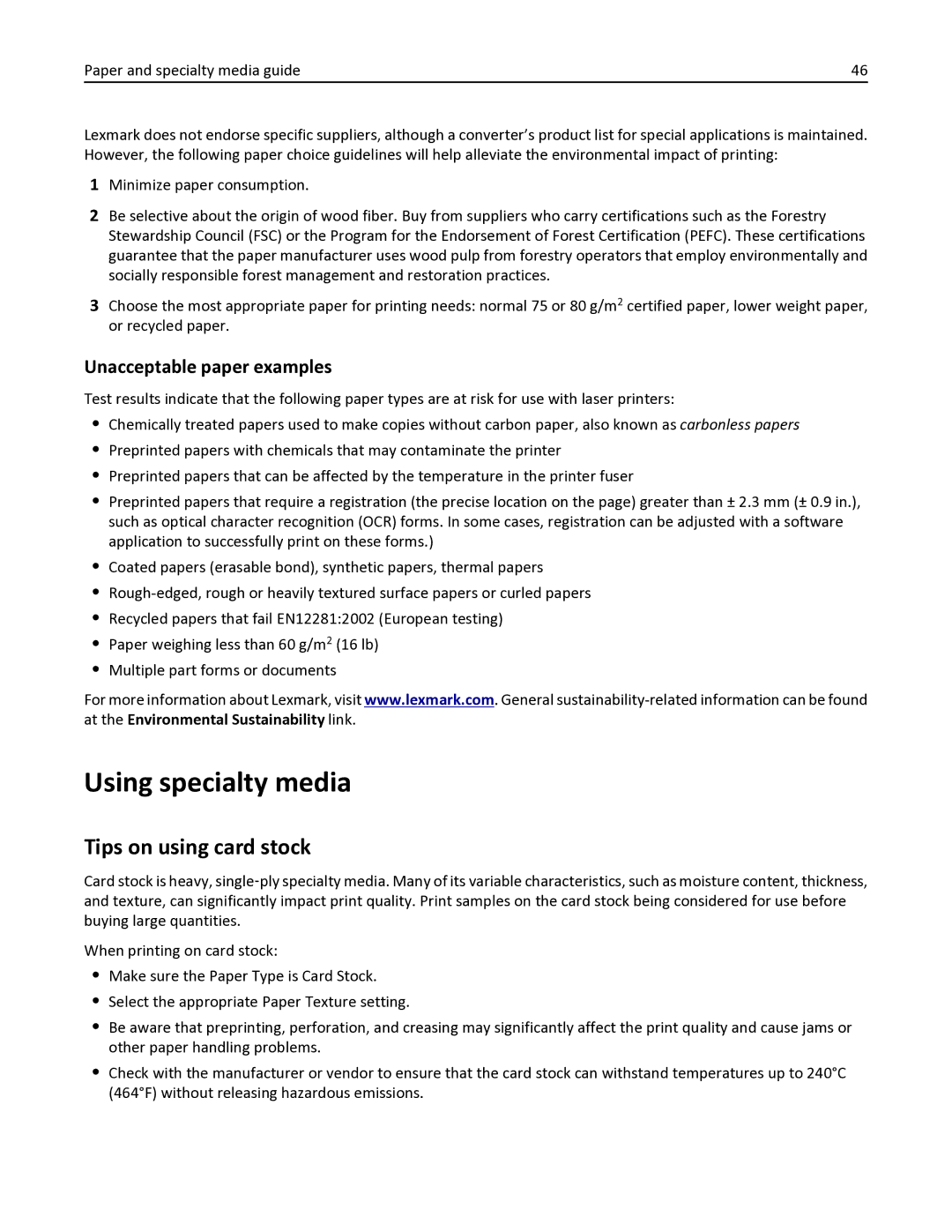 Lexmark 35S0150, 35S0200, MS410DN manual Using specialty media, Tips on using card stock, Unacceptable paper examples 