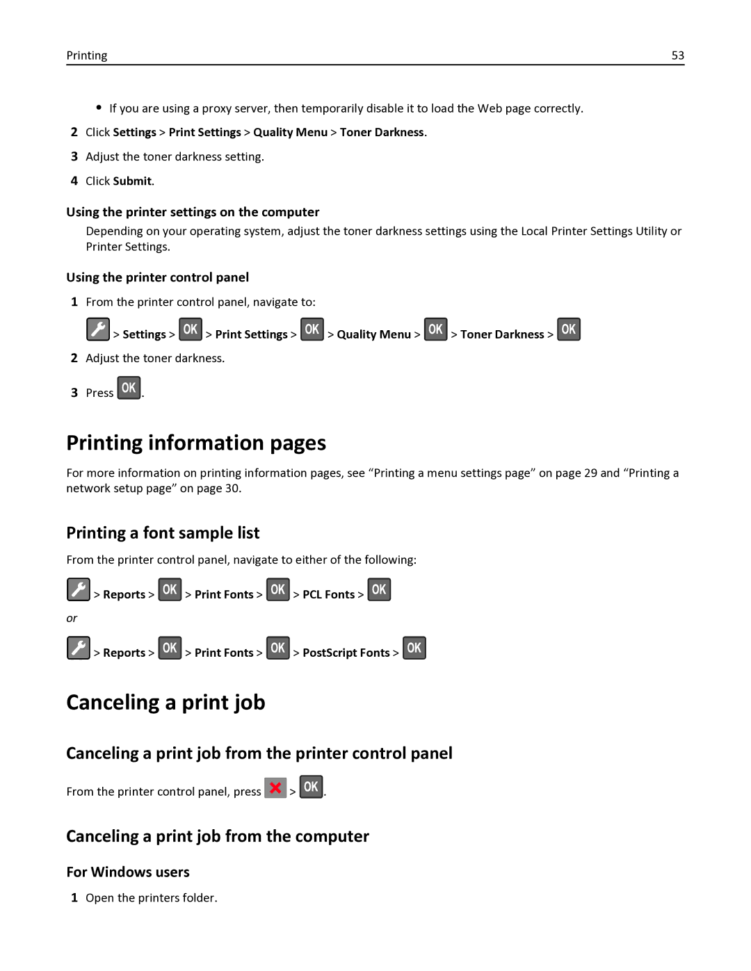 Lexmark 35S0200, 35S0150, MS410DN manual Printing information pages, Canceling a print job, Printing a font sample list 