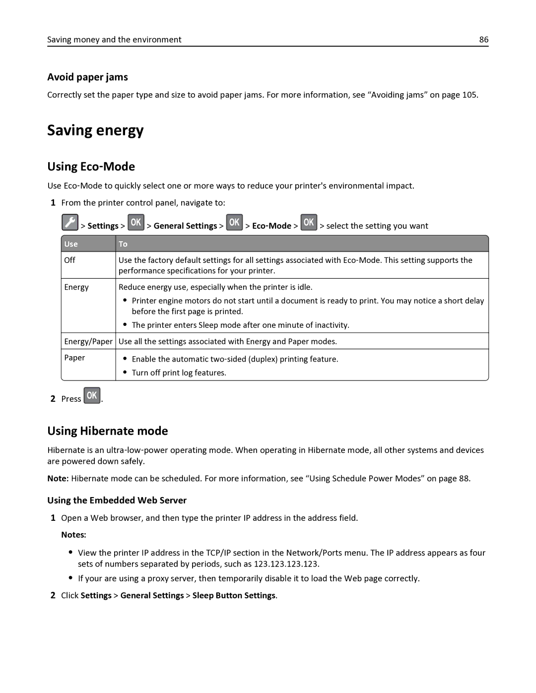 Lexmark 35S0150, 35S0200, MS410DN manual Saving energy, Using Eco‑Mode, Using Hibernate mode, Avoid paper jams 