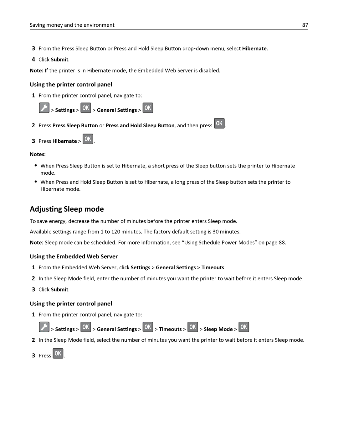 Lexmark 35S0150, 35S0200, MS410DN manual Adjusting Sleep mode, Settings General Settings Timeouts Sleep Mode 