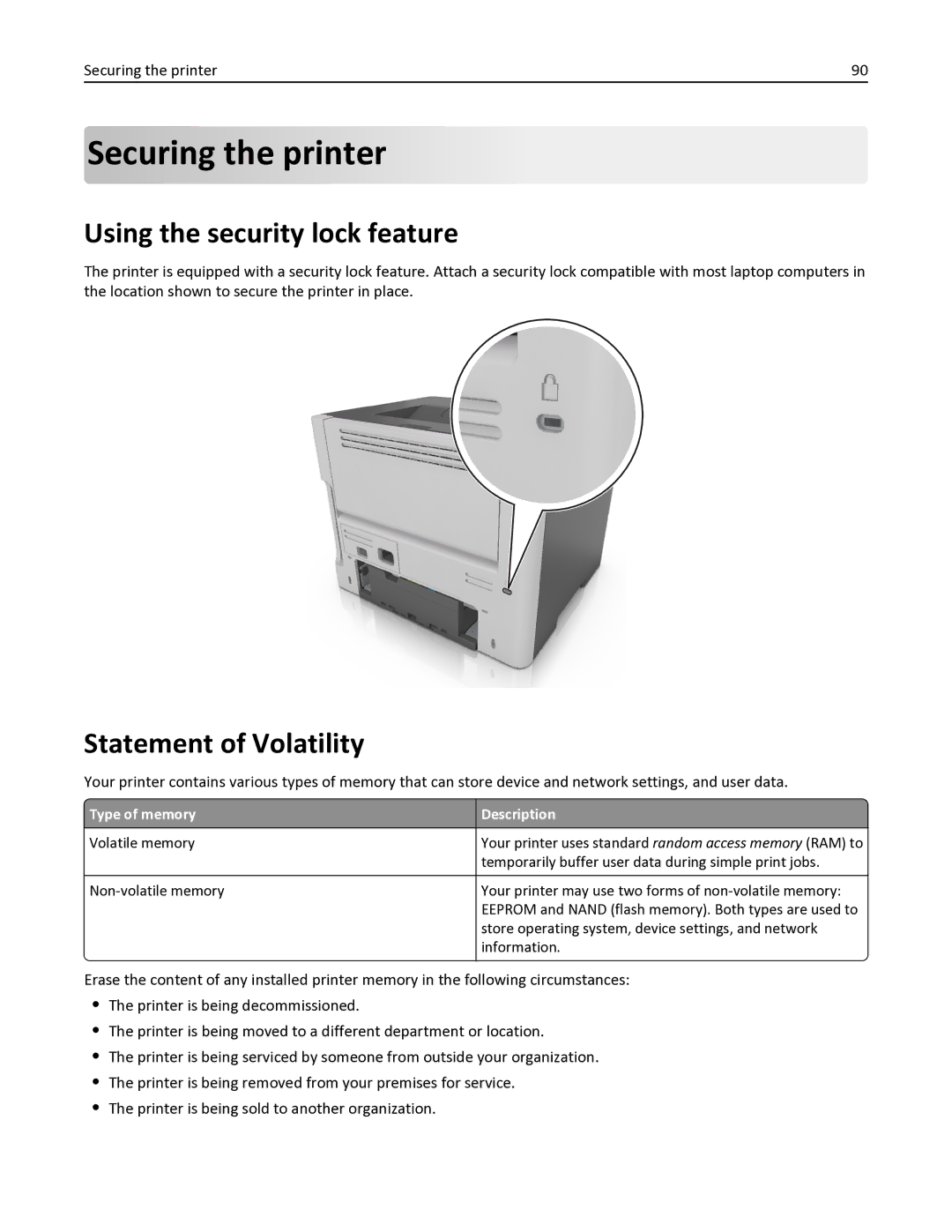 Lexmark MS410 Securing the printer, Using the security lock feature, Statement of Volatility, Type of memory Description 