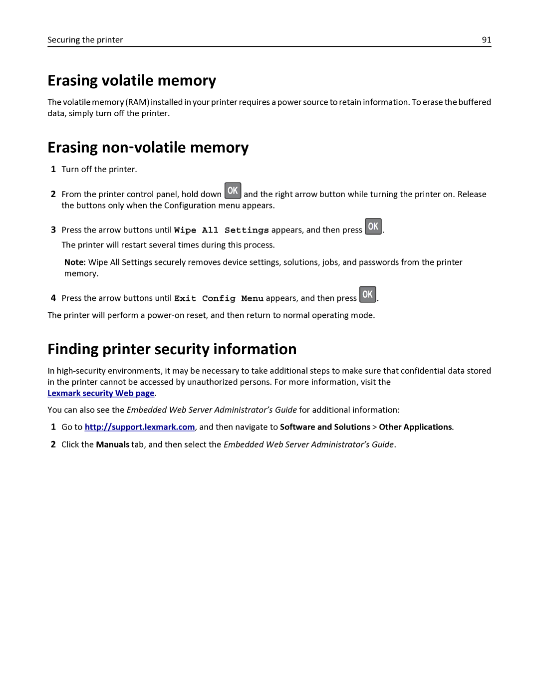 Lexmark MS410D, 35S0150, 35S0200 Erasing volatile memory, Erasing non‑volatile memory, Finding printer security information 