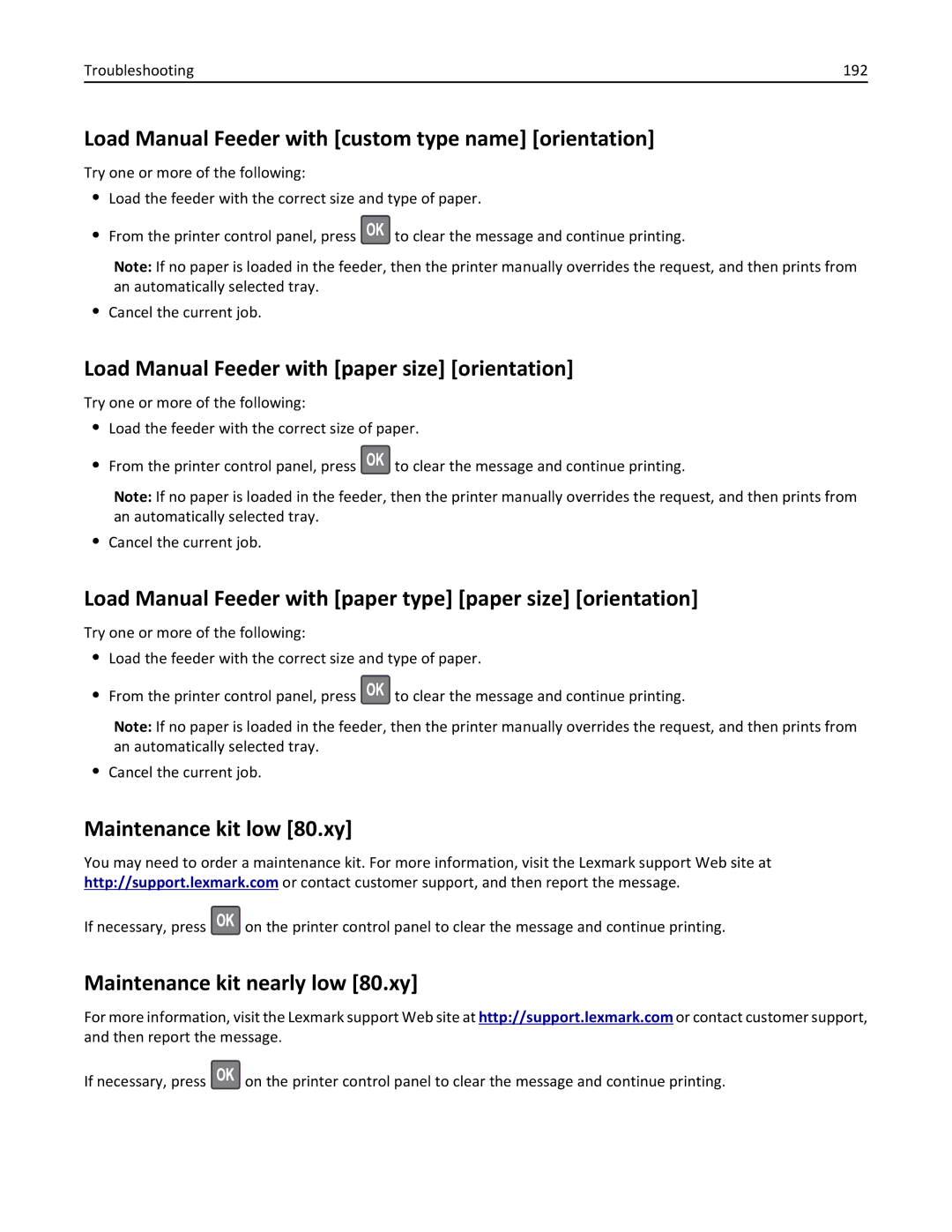 Lexmark MS835, MS832 Load Manual Feeder with custom type name orientation, Load Manual Feeder with paper size orientation 