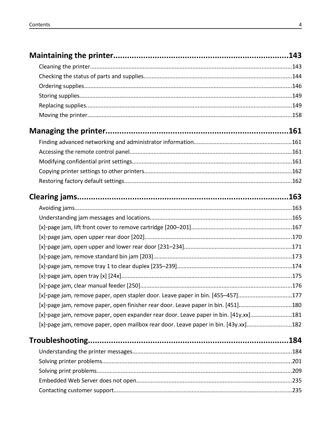 Lexmark MS832, MS835, MS710 Maintaining the printer 143, Managing the printer 161, Clearing jams 163, Troubleshooting 184 