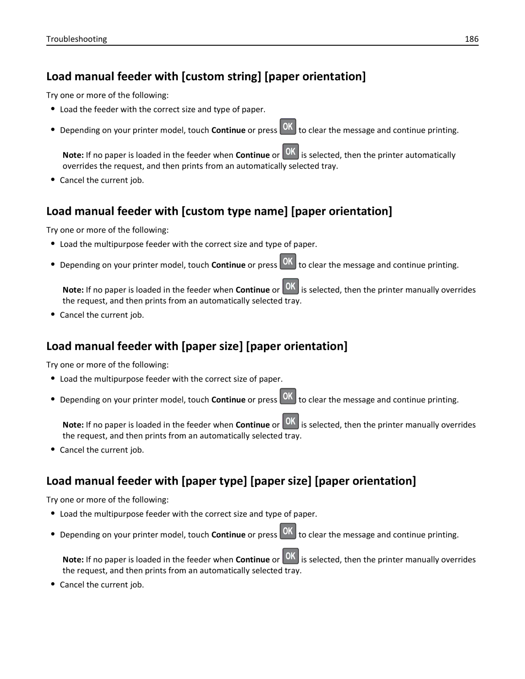 Lexmark MX310 Load manual feeder with custom string paper orientation, Troubleshooting 186 
