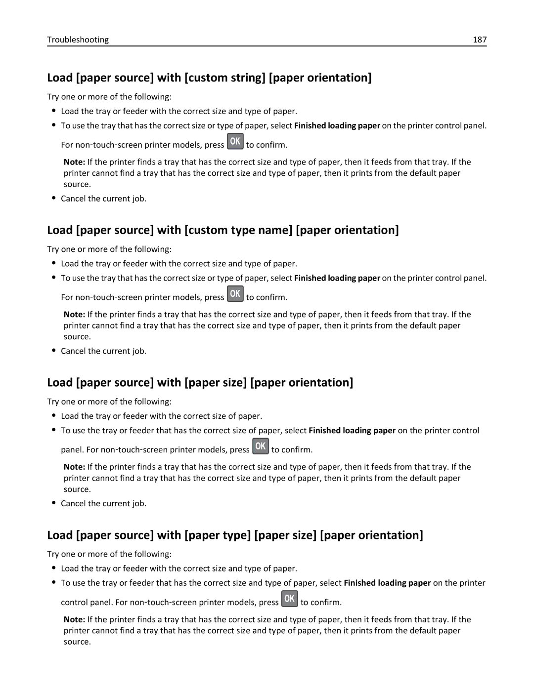 Lexmark MX310 Load paper source with custom string paper orientation, Load paper source with paper size paper orientation 