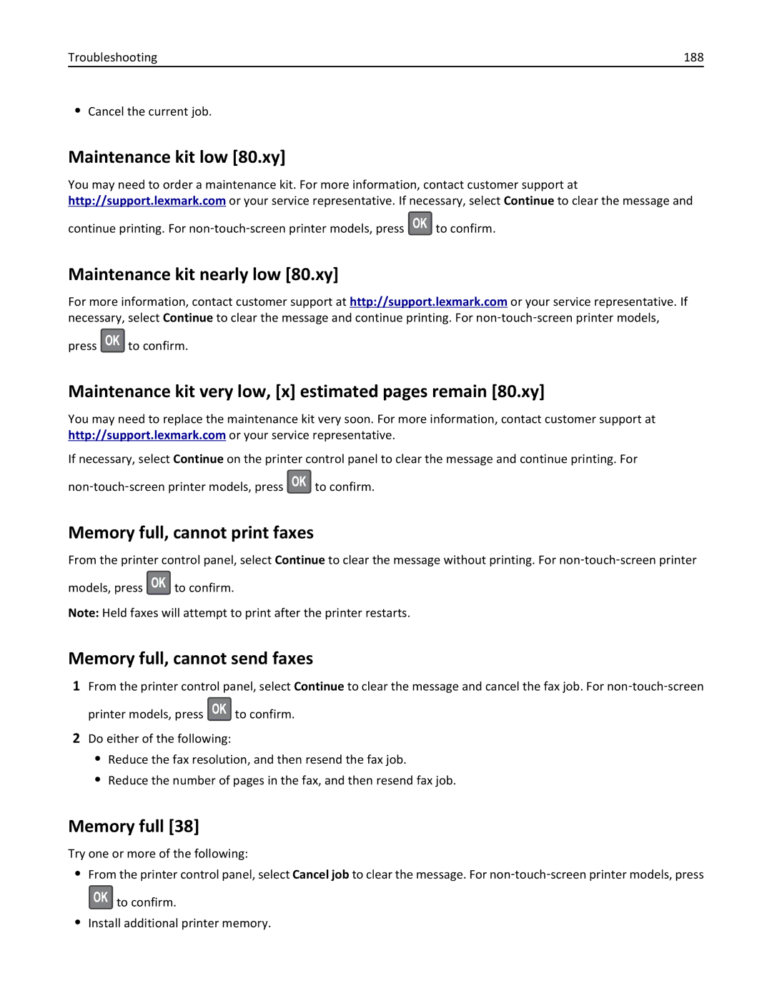 Lexmark MX310 manual Maintenance kit low 80.xy, Maintenance kit nearly low 80.xy, Memory full, cannot print faxes 