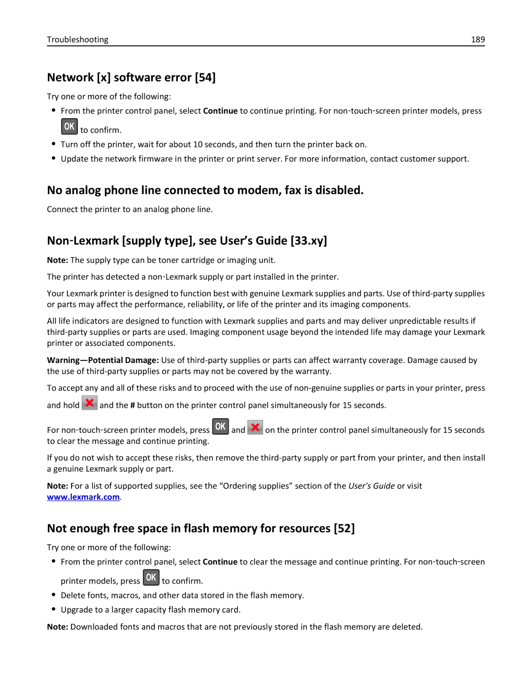 Lexmark MX310 manual Network x software error, No analog phone line connected to modem, fax is disabled 