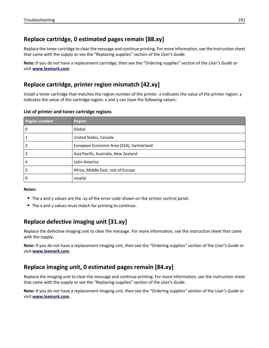 Lexmark MX310 manual Replace cartridge, 0 estimated pages remain 88.xy, Replace cartridge, printer region mismatch 42.xy 