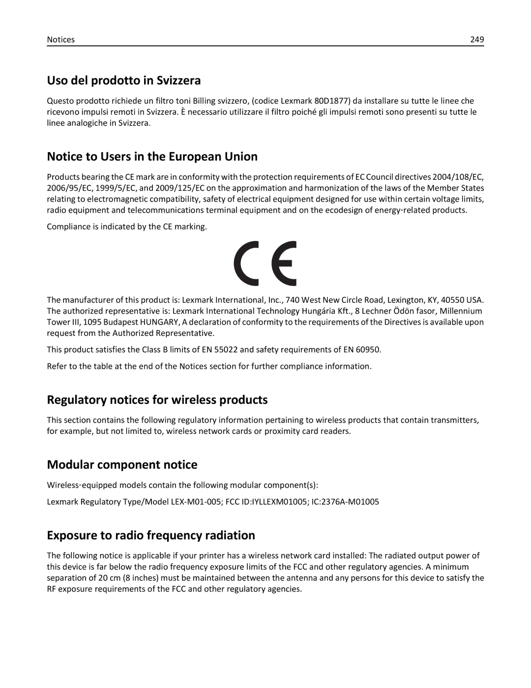 Lexmark MX310 manual Uso del prodotto in Svizzera, Regulatory notices for wireless products, Modular component notice, 249 