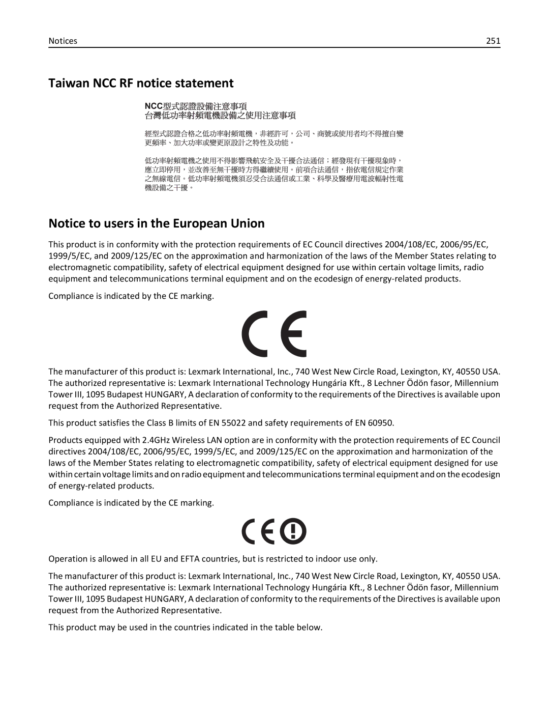 Lexmark MX310 manual Taiwan NCC RF notice statement, 251 