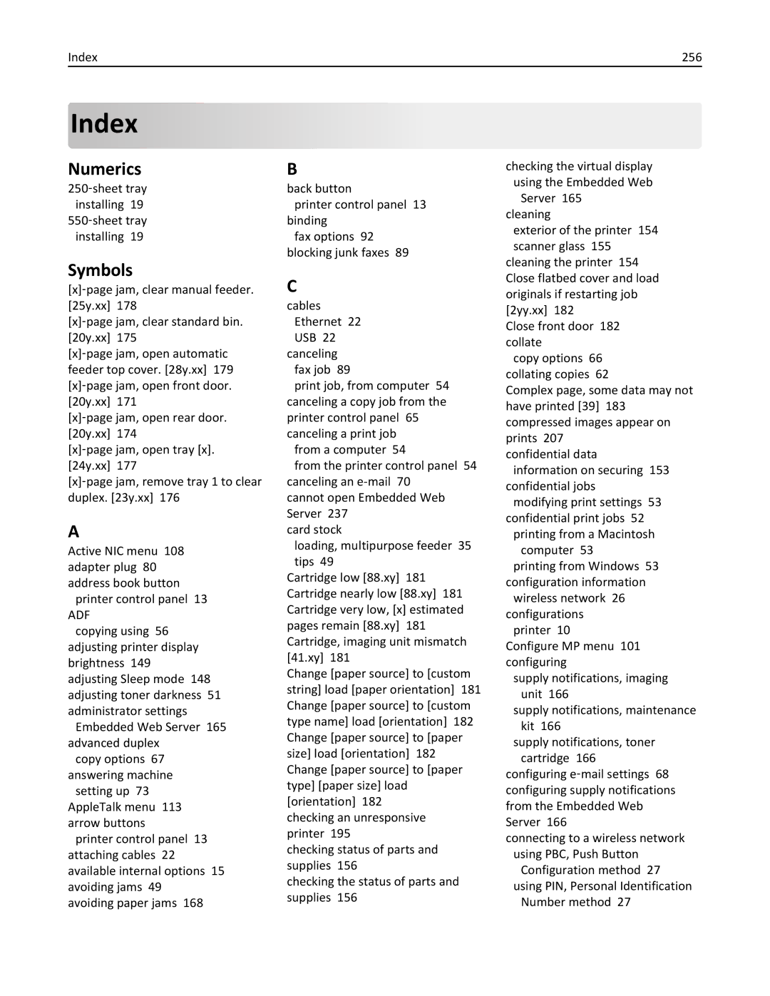 Lexmark MX310 manual Numerics, Symbols, Index 256, 250‑sheet tray installing 19 550‑sheet tray installing 