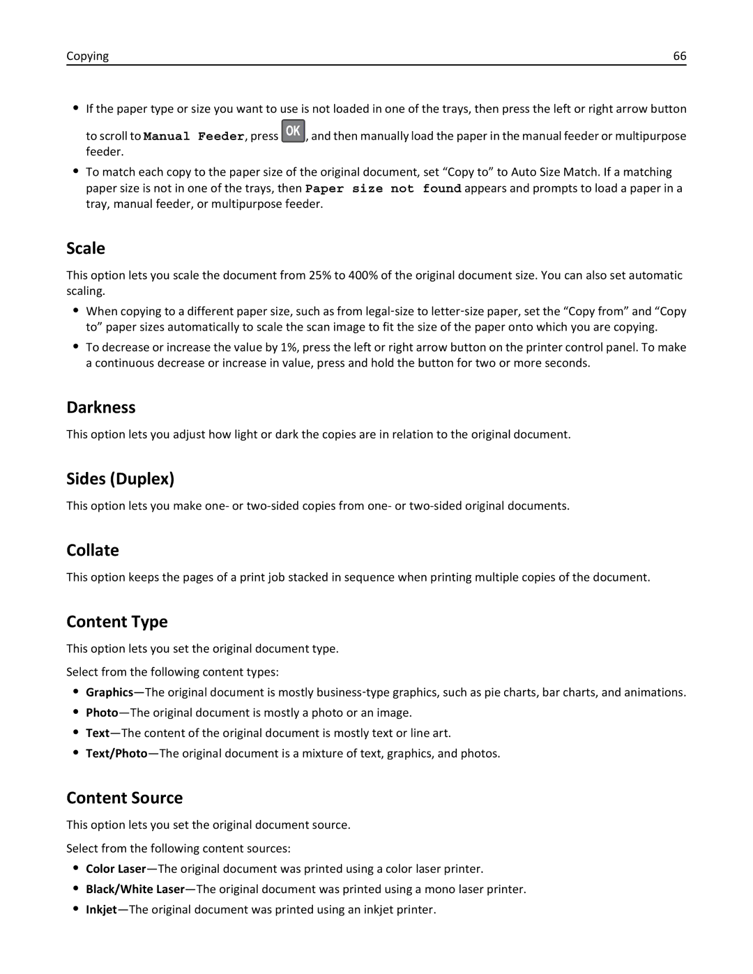 Lexmark MX310 manual Scale, Darkness, Sides Duplex, Collate, Content Type, Content Source 