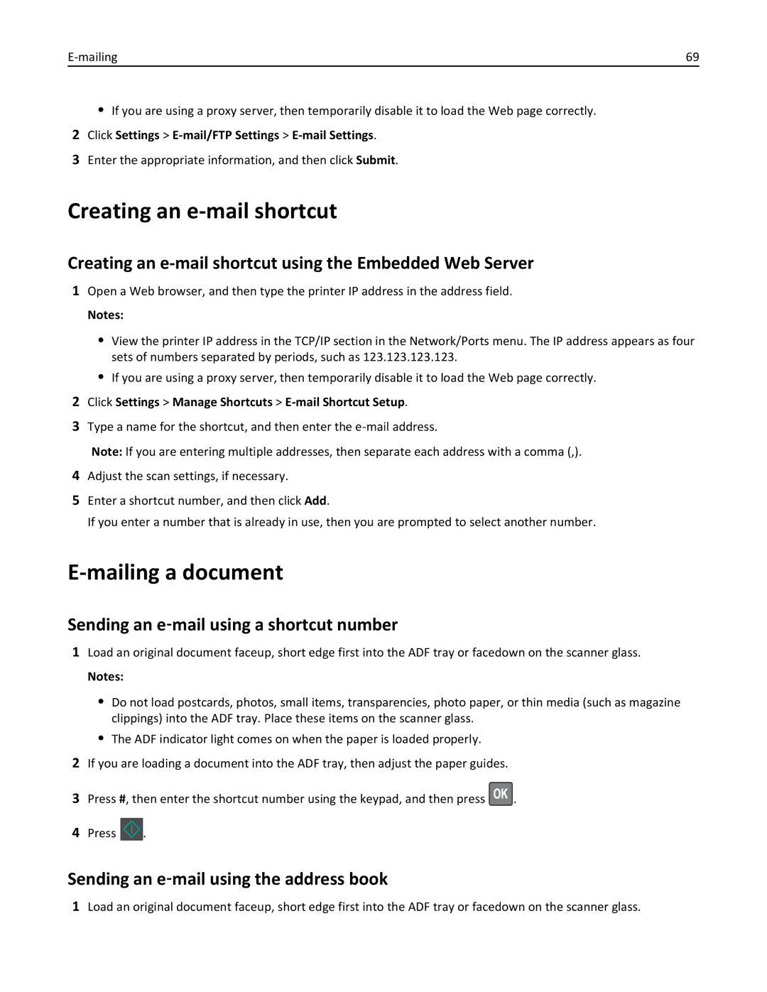 Lexmark MX310 manual Mailing a document, Creating an e-mail shortcut using the Embedded Web Server 