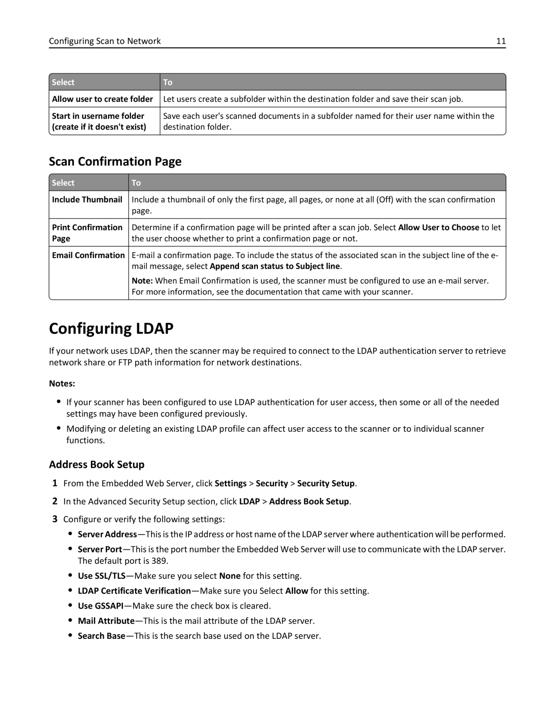 Lexmark MX6500E manual Configuring Ldap, Scan Confirmation 