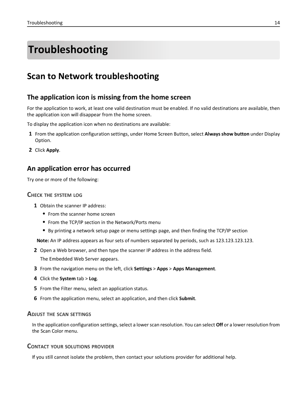 Lexmark MX6500E manual Troubleshooting, Scan to Network troubleshooting, Application icon is missing from the home screen 