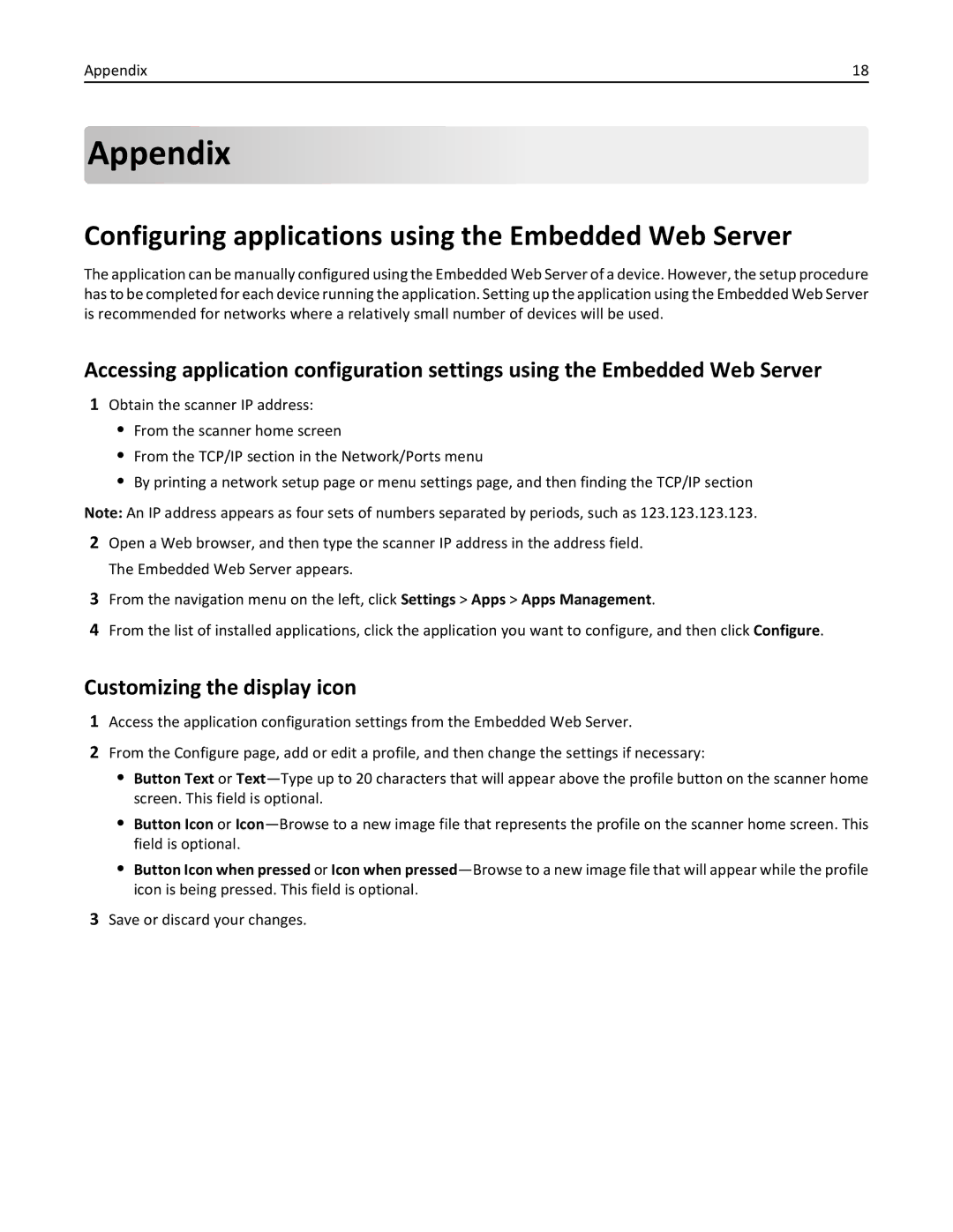 Lexmark MX6500E manual Appendix, Configuring applications using the Embedded Web Server, Customizing the display icon 