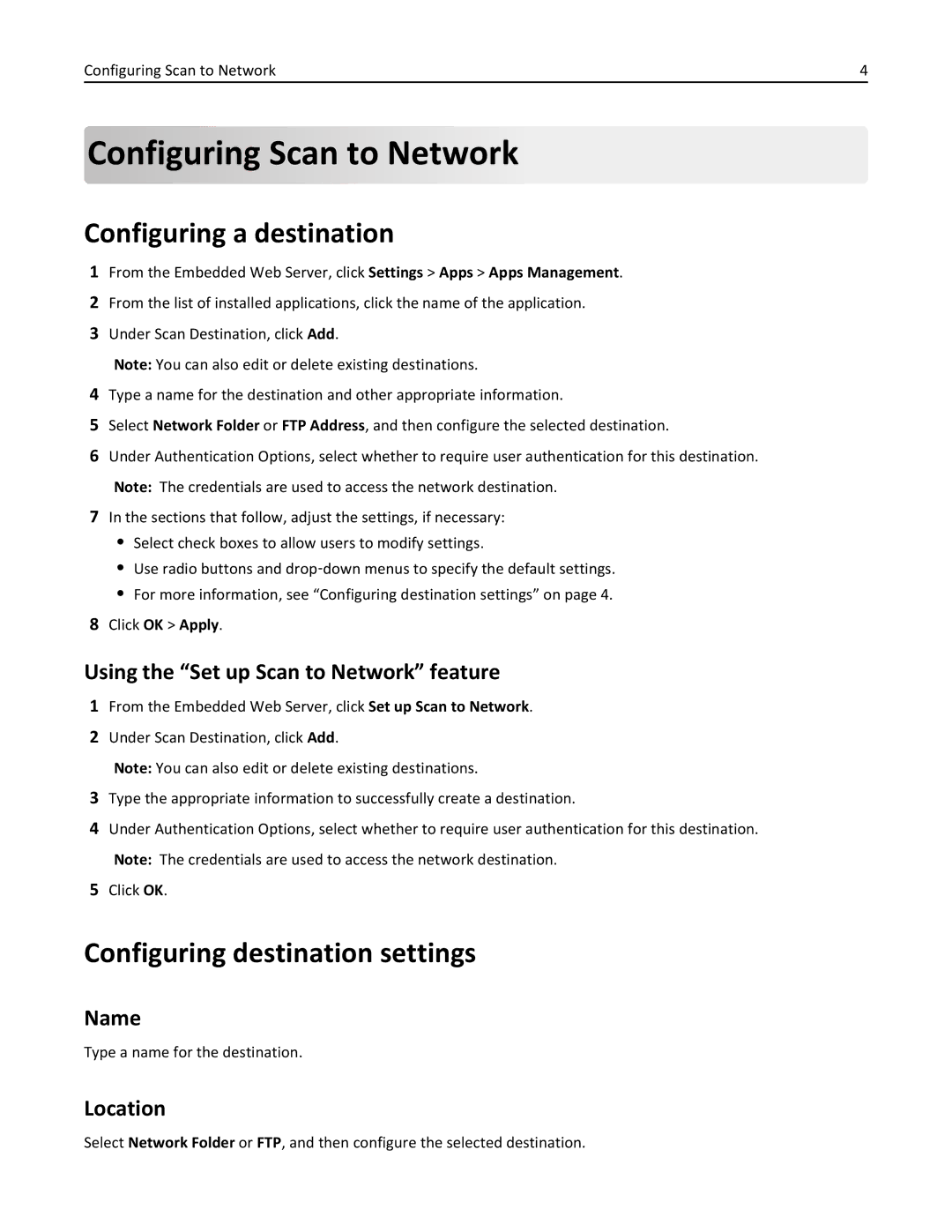 Lexmark MX6500E manual Configuring Scan to Network, Configuring a destination, Configuring destination settings 