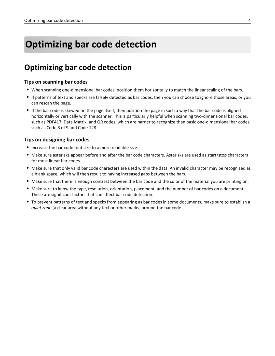 Lexmark MX6500E manual Optimizing bar code detection 