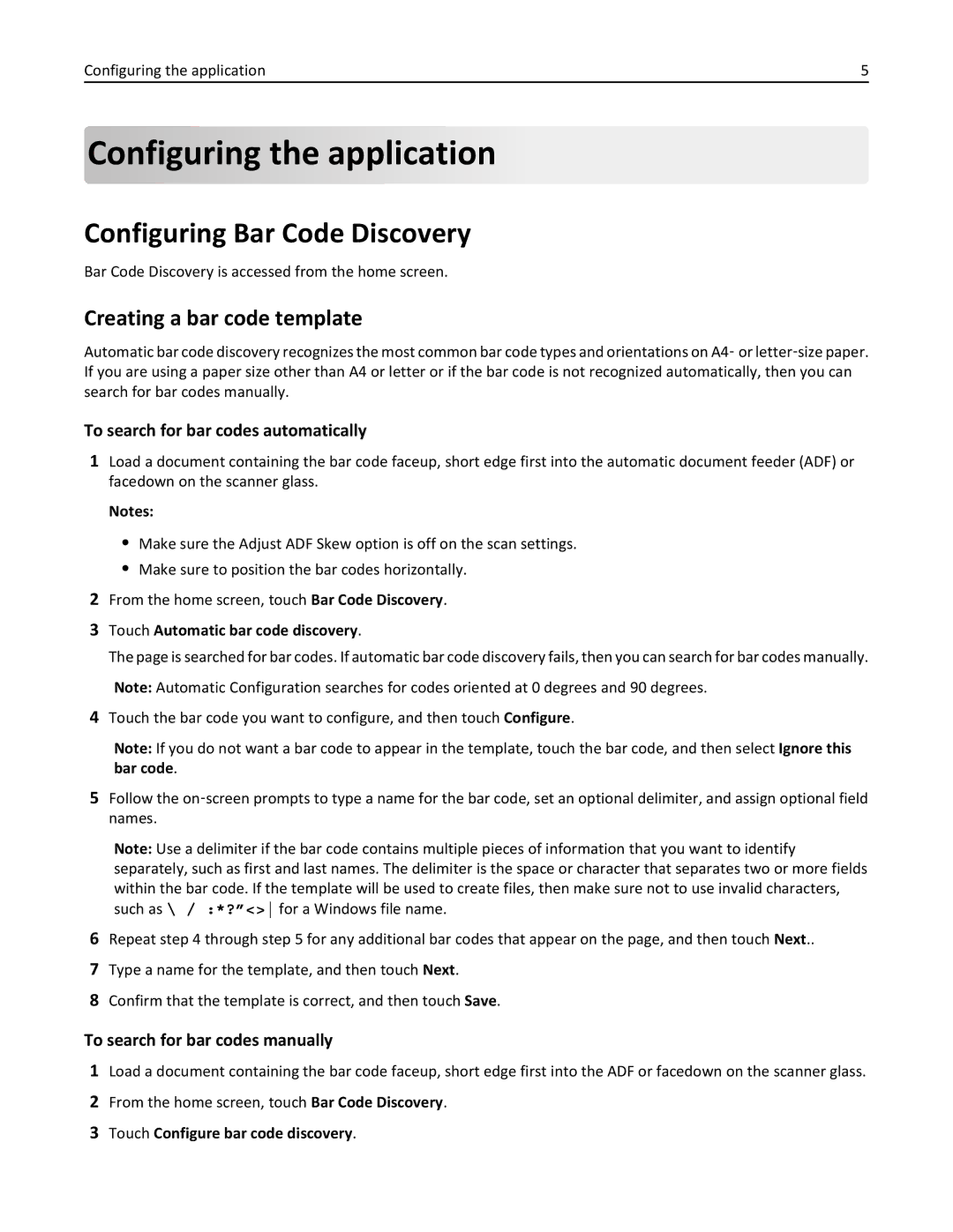 Lexmark MX6500E manual Configuring the application, Creating a bar code template 