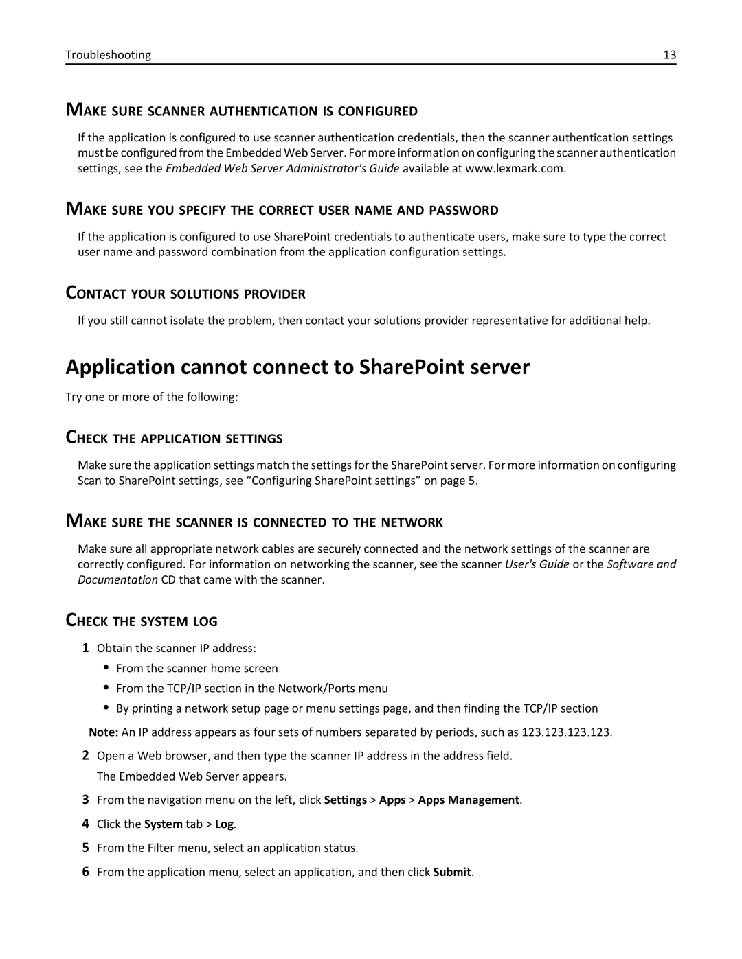 Lexmark MX6500E manual Application cannot connect to SharePoint server, Make Sure the Scanner is Connected to the Network 