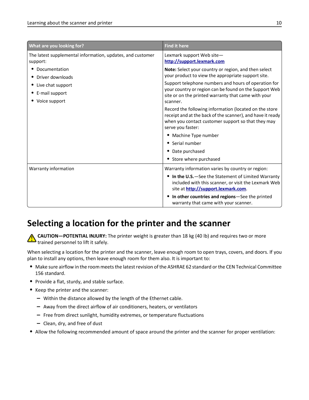 Lexmark MX6500E manual Selecting a location for the printer and the scanner, Other countries and regions -See the printed 