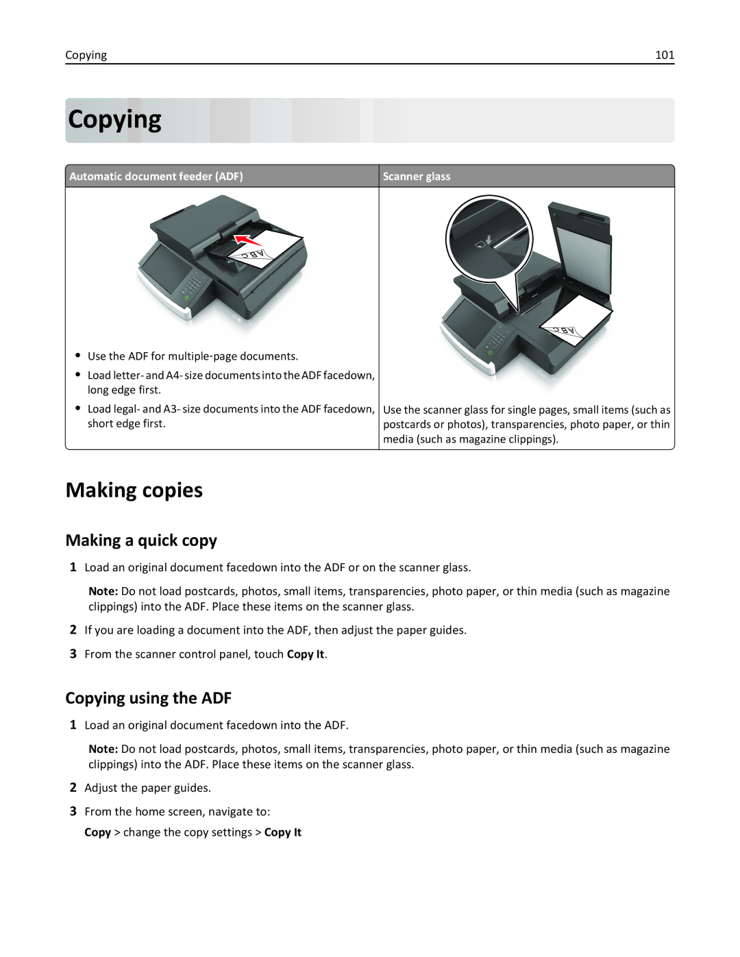 Lexmark MX6500E manual Making copies, Making a quick copy, Copying using the ADF, Copying 101 