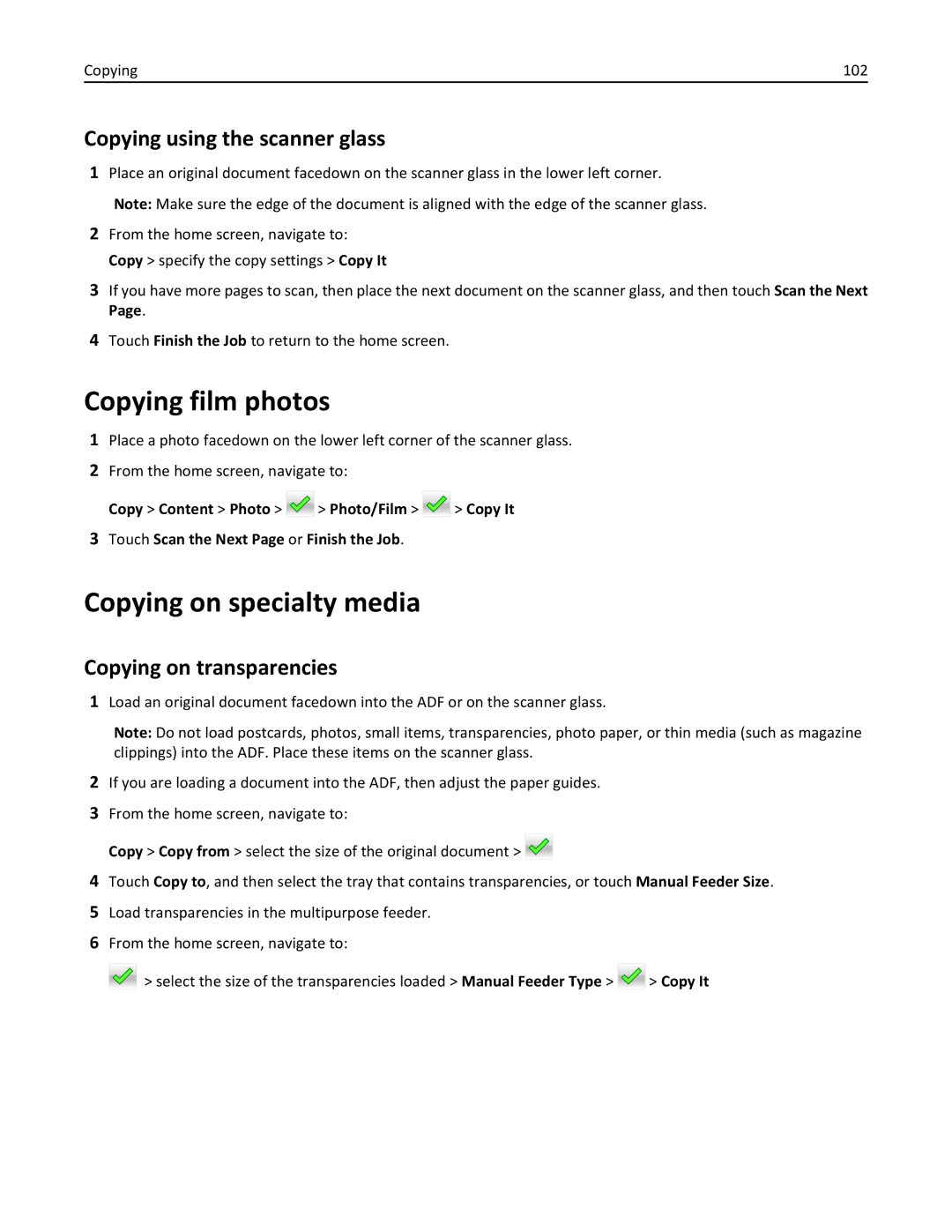 Lexmark MX6500E manual Copying film photos, Copying on specialty media, Copying using the scanner glass, Copying 102 