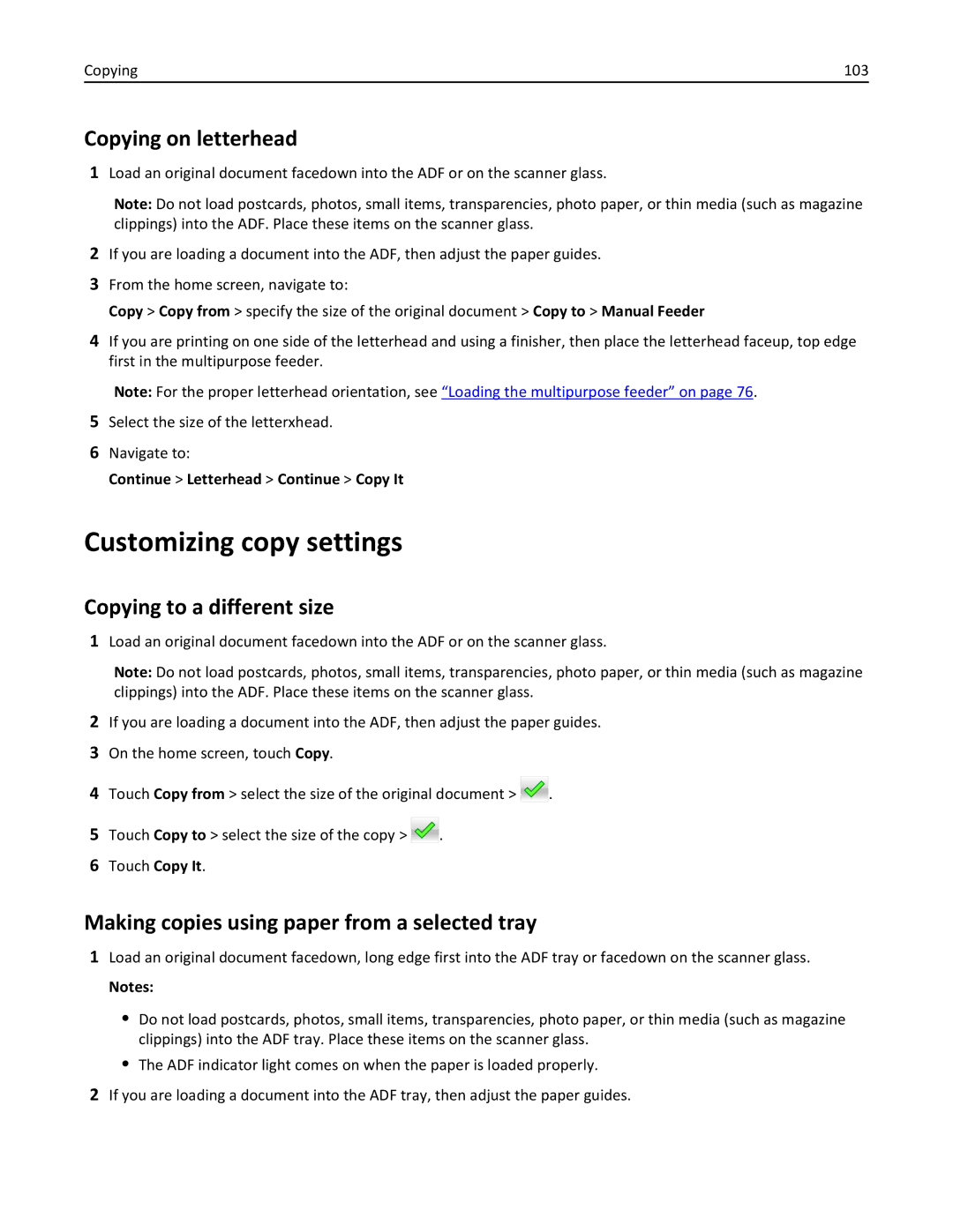 Lexmark MX6500E manual Customizing copy settings, Copying on letterhead, Copying to a different size 