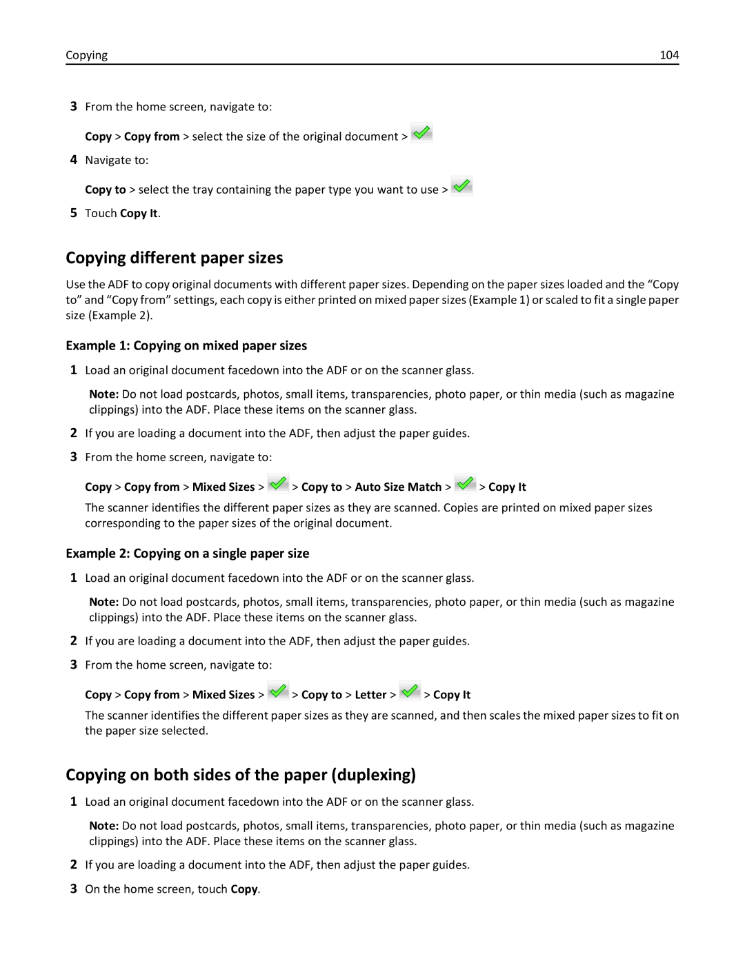 Lexmark MX6500E manual Copying different paper sizes, Copying on both sides of the paper duplexing 