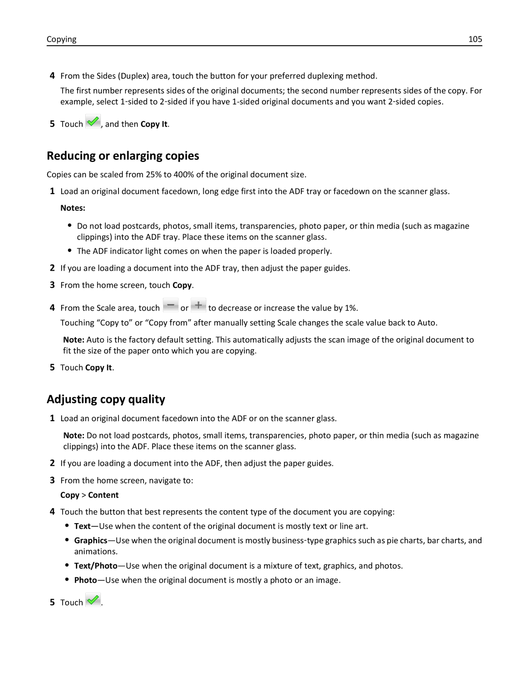 Lexmark MX6500E manual Reducing or enlarging copies, Adjusting copy quality 