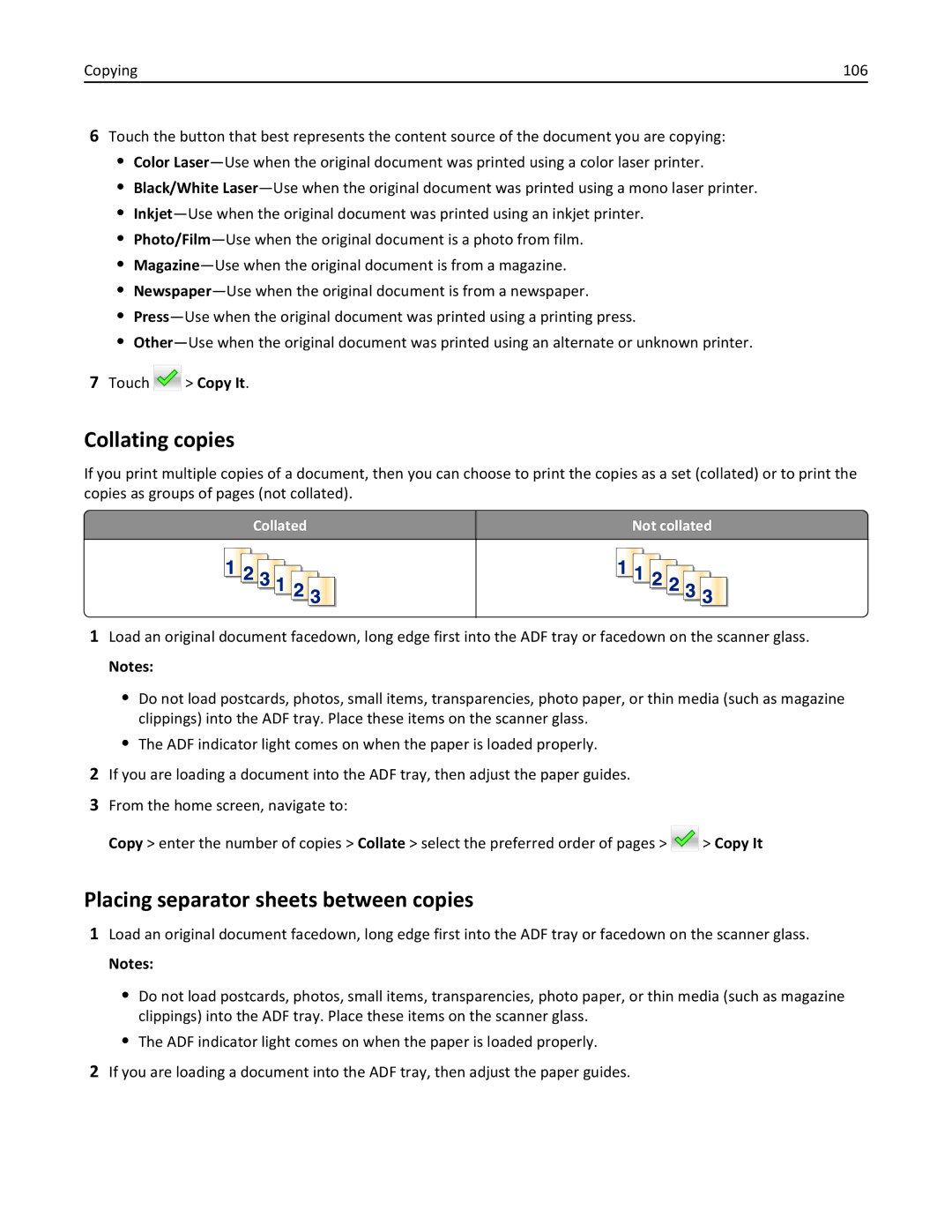 Lexmark MX6500E manual Collating copies, Placing separator sheets between copies, Collated Not collated 