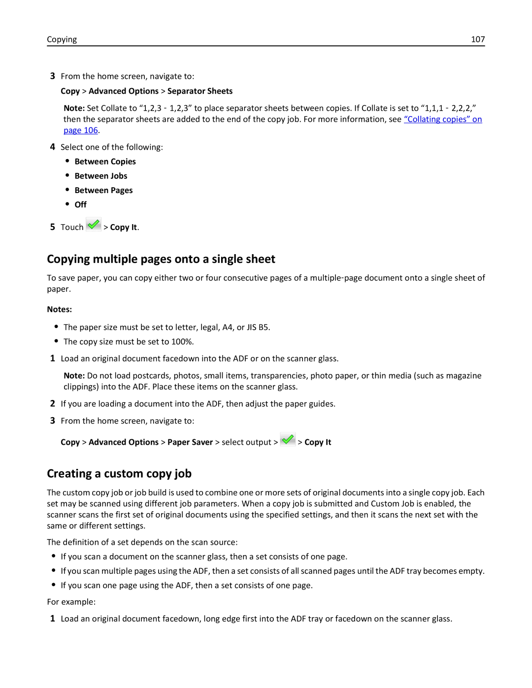 Lexmark MX6500E manual Copying multiple pages onto a single sheet, Creating a custom copy job 