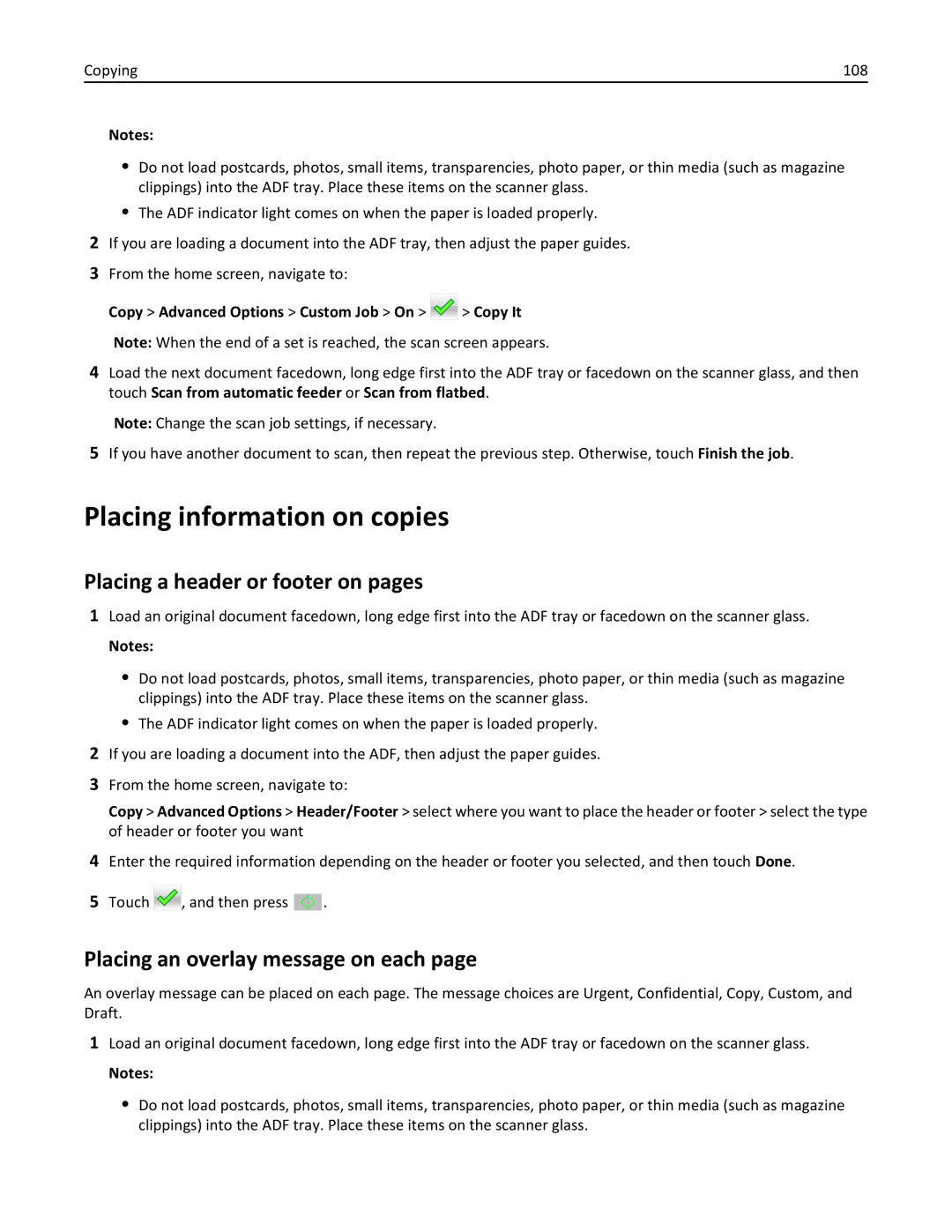 Lexmark MX6500E Placing information on copies, Placing a header or footer on pages, Placing an overlay message on each 