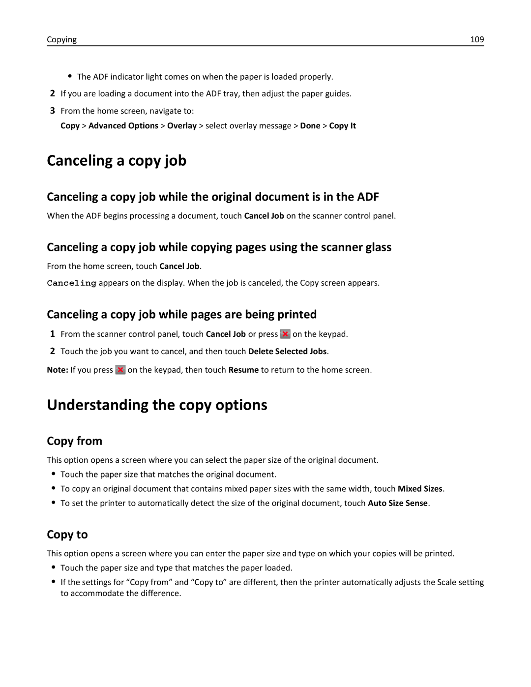 Lexmark MX6500E Understanding the copy options, Canceling a copy job while pages are being printed, Copy from, Copy to 