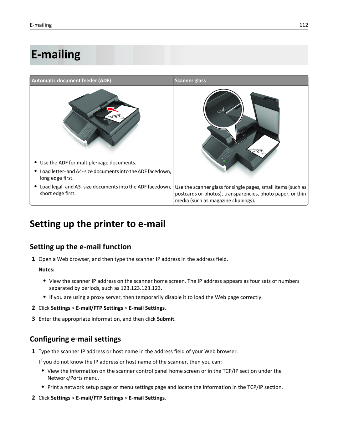 Lexmark MX6500E Mailing, Setting up the printer to e-mail, Setting up the e-mail function, Configuring e‑mail settings 