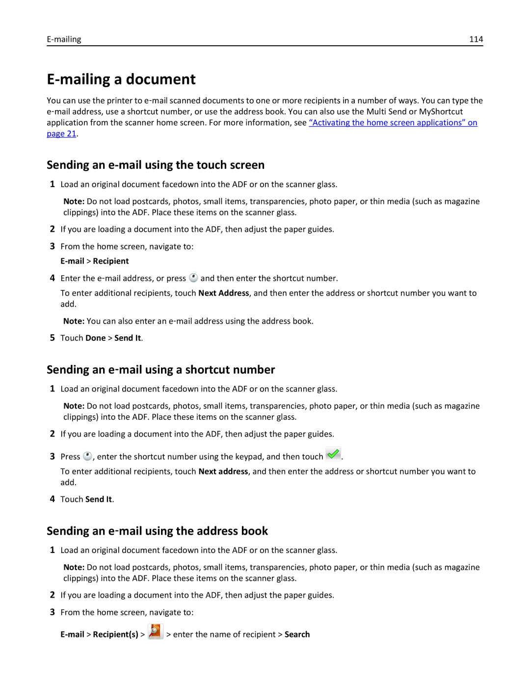 Lexmark MX6500E Mailing a document, Sending an e-mail using the touch screen, Sending an e‑mail using a shortcut number 