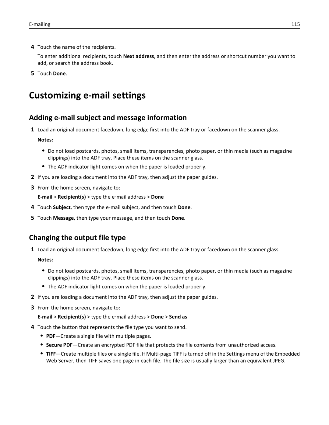 Lexmark MX6500E Customizing e-mail settings, Adding e-mail subject and message information, Changing the output file type 