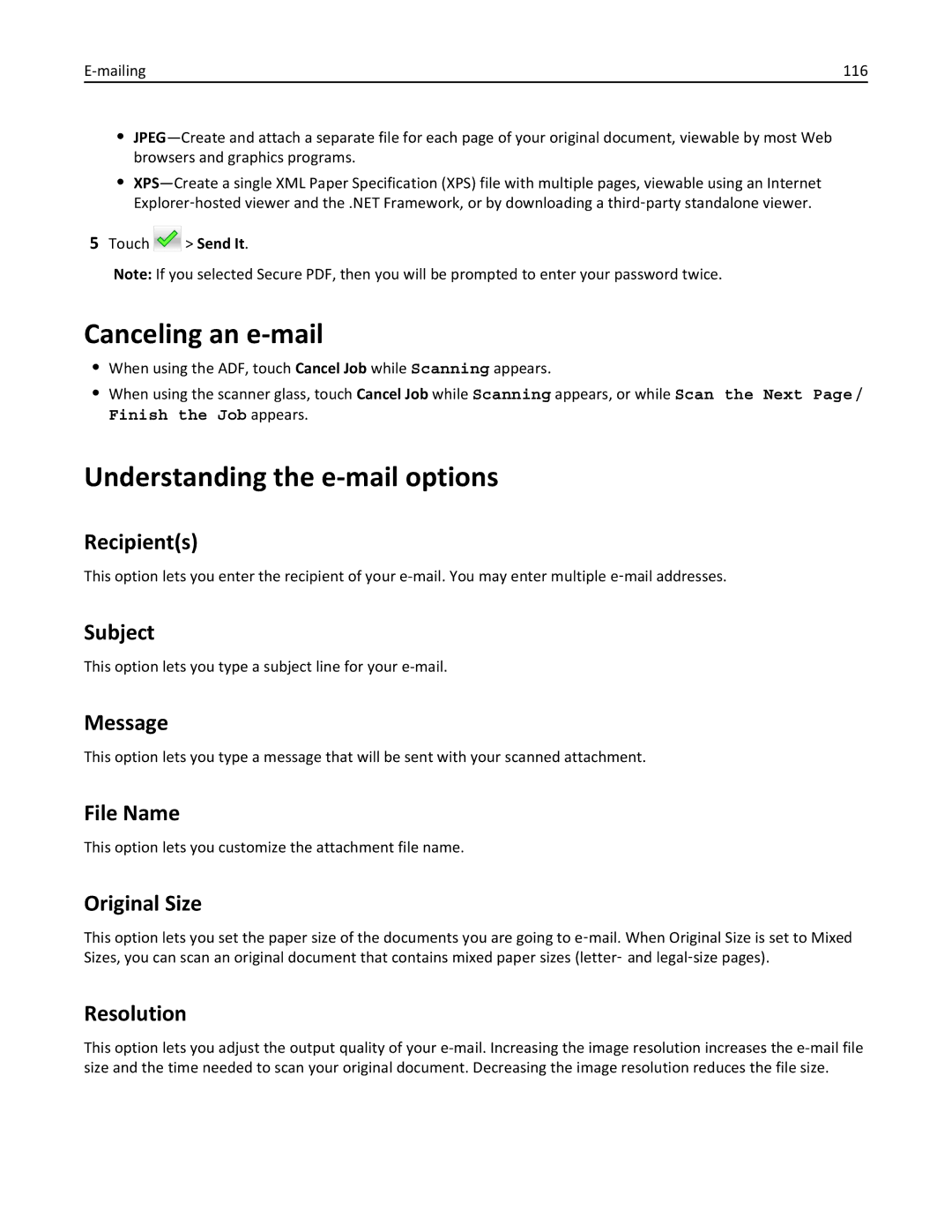 Lexmark MX6500E manual Canceling an e-mail, Understanding the e-mail options 