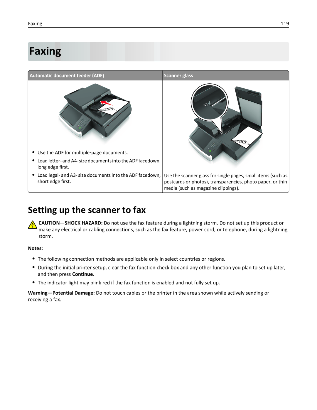 Lexmark MX6500E manual Setting up the scanner to fax, Faxing 119 