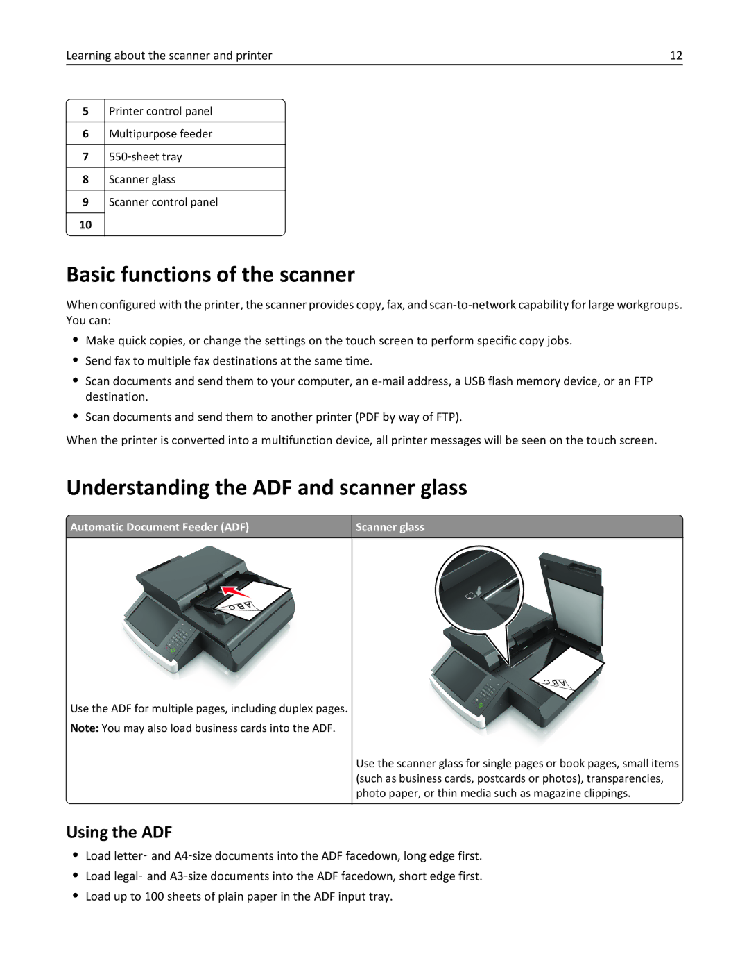 Lexmark MX6500E manual Basic functions of the scanner, Understanding the ADF and scanner glass, Using the ADF 